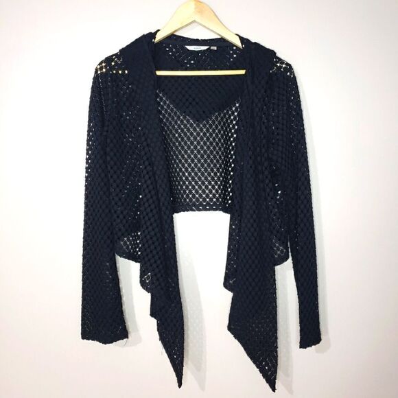 🦋3/$25 La Vie En Rose Aqua Medium Black Long Sleeve Mesh Cardigan Coverup - Picture 1 of 10